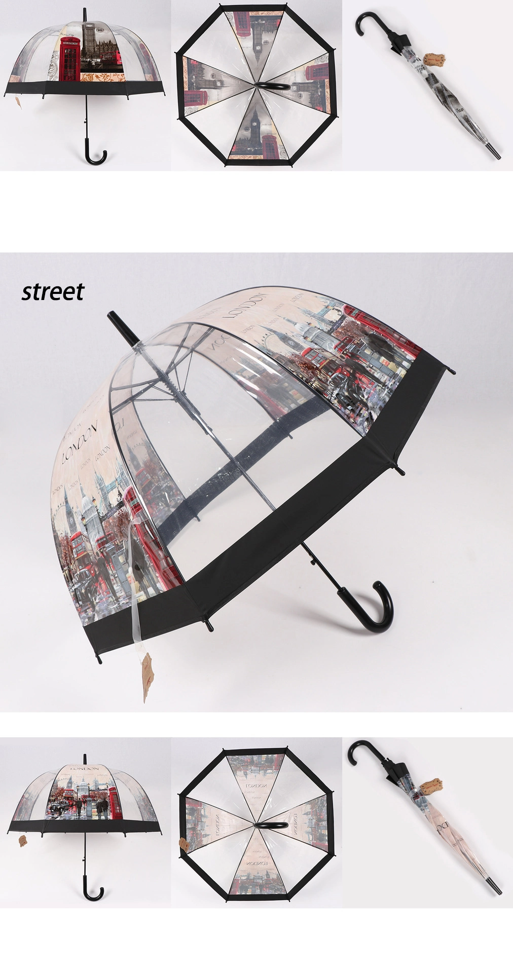 BSCI Factory OEM Promotion Advertising New Invention Wholesale Custom Designed Windproof Dome Shaped Clear Transparent Paraguas Rain Lady Umbrellas for Gift